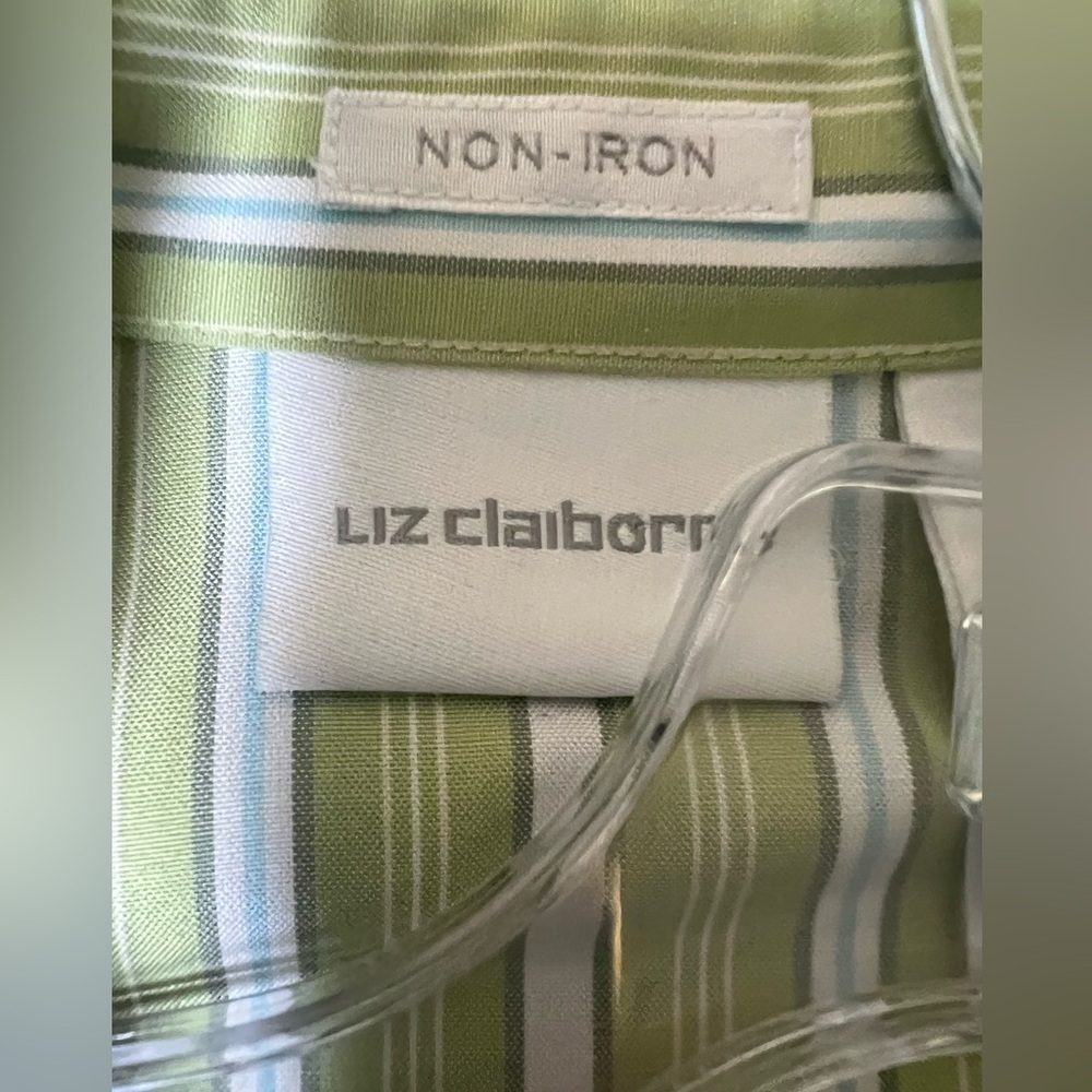 LIZ CLAIBORNE NON-IRON GREEN/WHITE STRIPE LONG SLEEVE BLOUSE. SIZE 8 NWOT - Picture 6 of 9